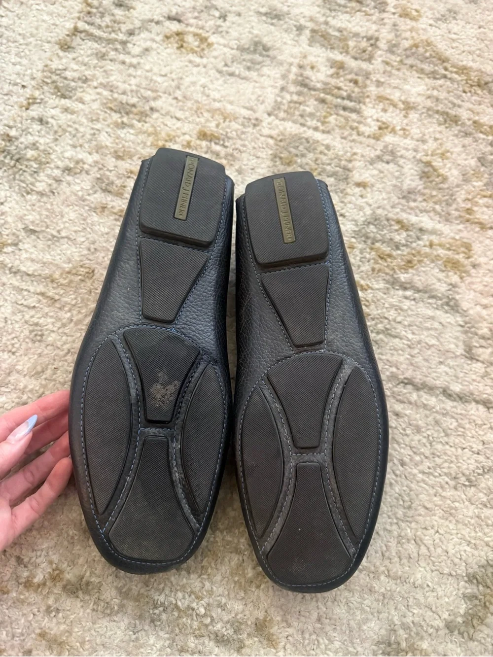 Donald J. Pliner Black Leather Penny Loafers with Blue Stitching